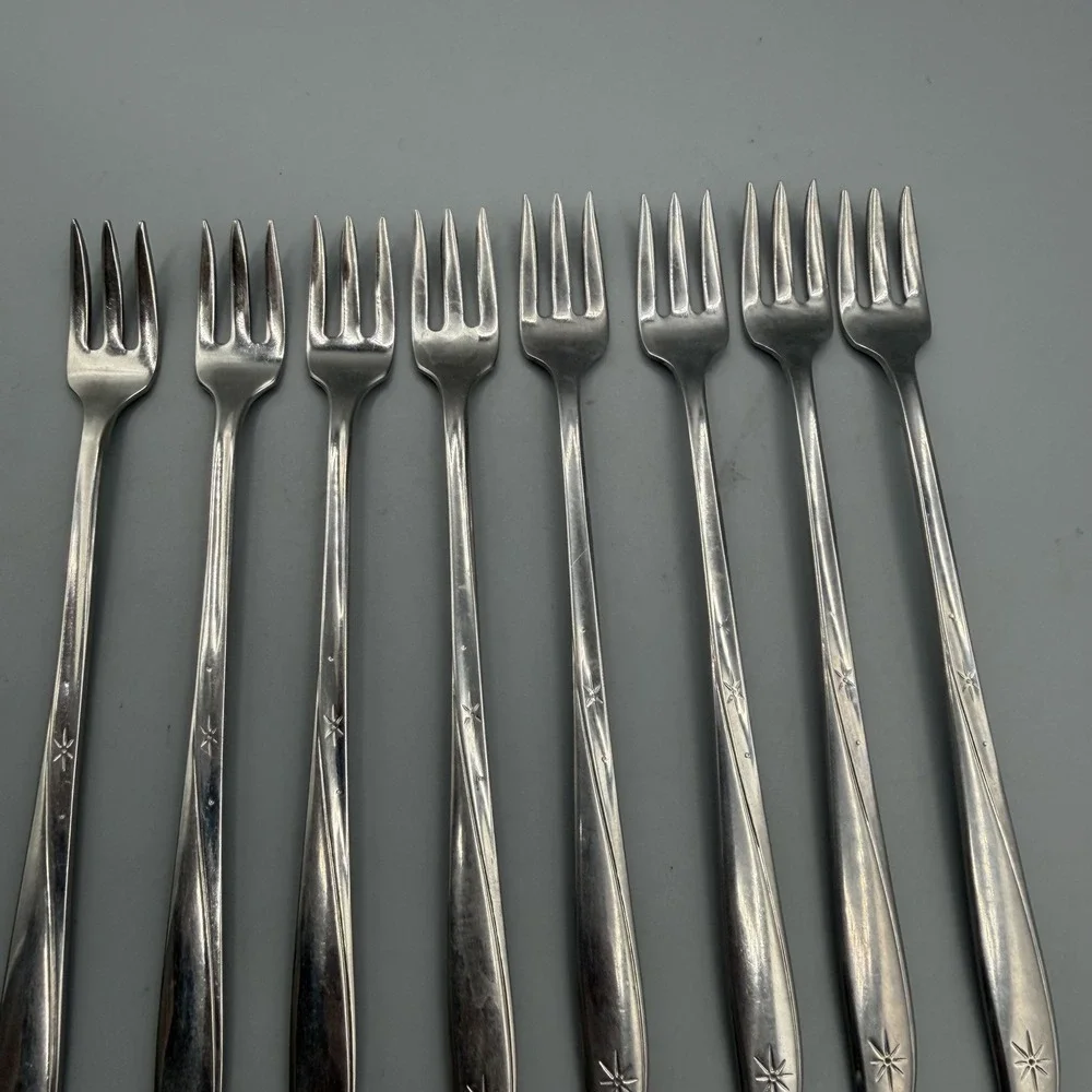 Cocktail Forks Oneida Community TWIN STAR 8pcs MCM Atomic Starburst Seafood
